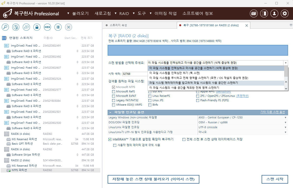 복구천사 PRO 메타데이터(MFT·Inode·Superblock) 분석 및 정밀 스캔 — 파일시스템 선택과 IntelliRAW 옵션 설정 화면